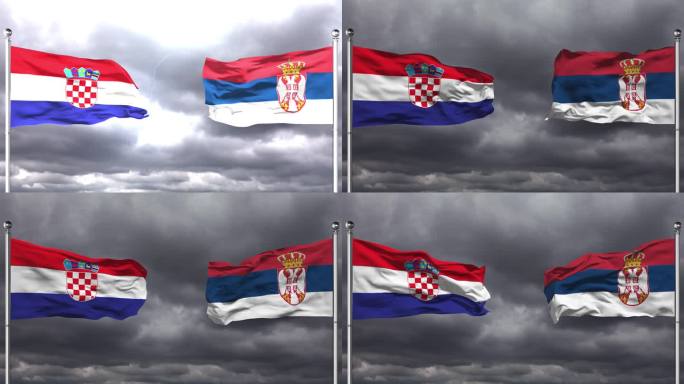 克罗地亚和塞尔维亚国旗相互挥舞|可循环。