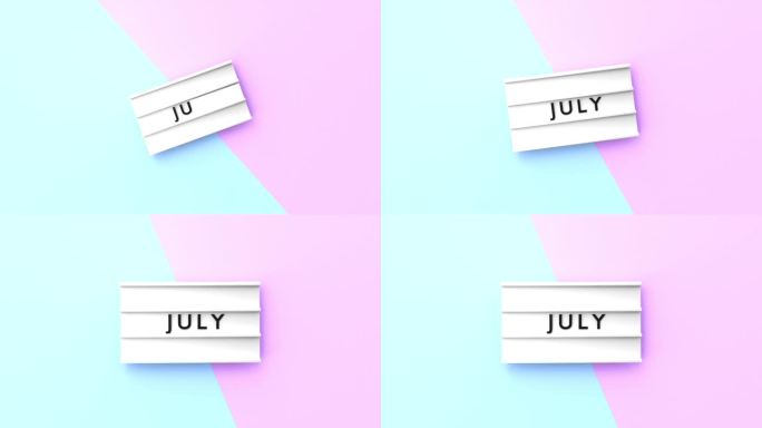 七月文本以4K分辨率显示在蓝色和粉红色背景的灯箱上