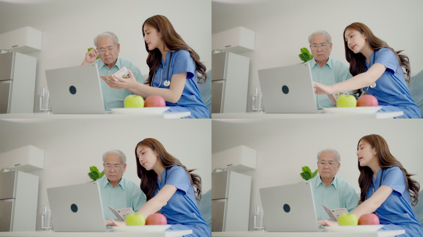 医生在家中向老年妇女和老年男子解释治疗。