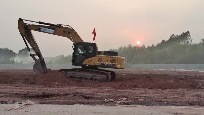 乡镇道路建设基建工程推土机夕阳西下照勾机