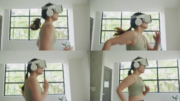 戴虚拟现实护目镜在家锻炼的女人