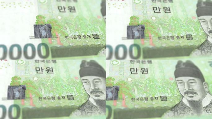 韩国10000韩元钞票钞票观察和储备侧跟踪小车特写镜头10000韩元当前10000韩元纸币4k分辨率
