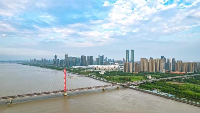 最新4k杭州滨江钱塘江城市大景延时航拍