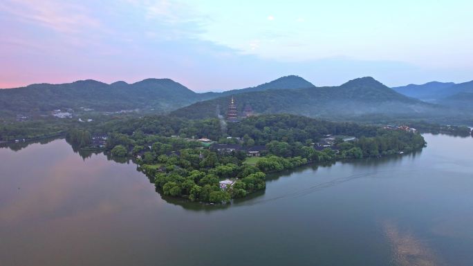 航拍杭州西湖三潭印月雷峰塔