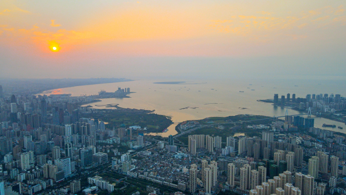 海南海口城市日出、夕阳