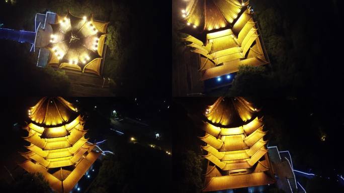 四川德阳市旌阳区钟鼓楼广场及凹街夜景航拍