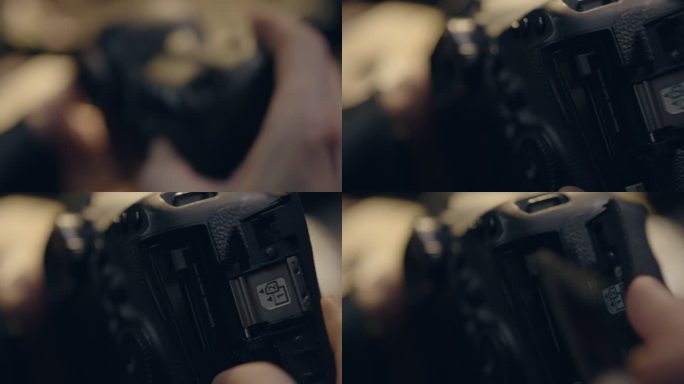 一只手的特写镜头将SD存储卡移入相机