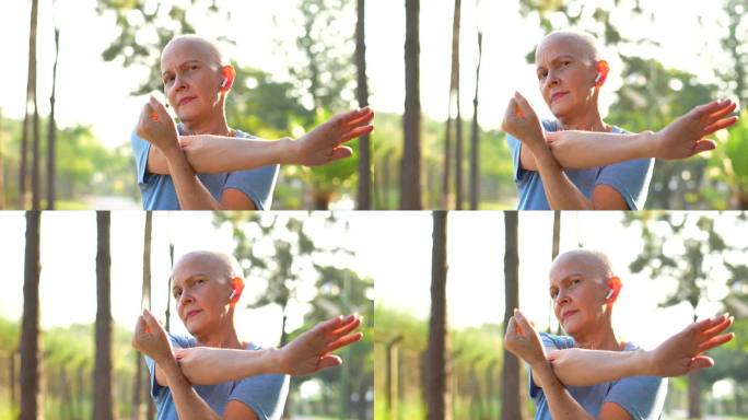 癌症患者妇女光头女性化疗拉伸晨练