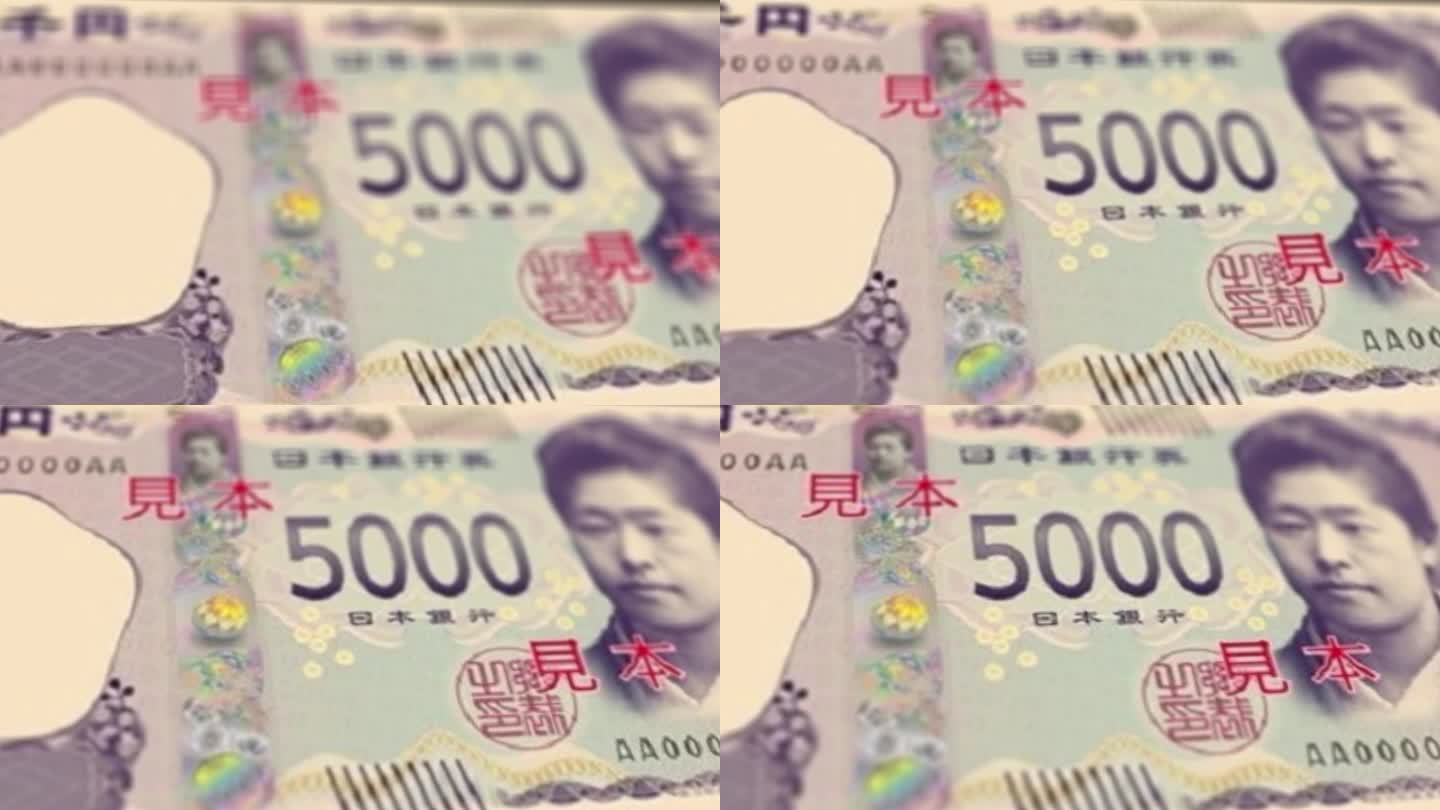 跟踪小车的特写镜头：10000、5000、2000、1000新日元纸币观察和储备侧，4k分辨率。股票