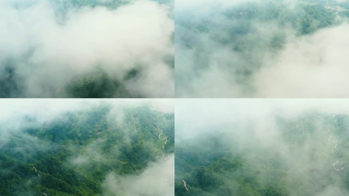 航拍云雾深山蜿蜒山路茶马古道空镜头
