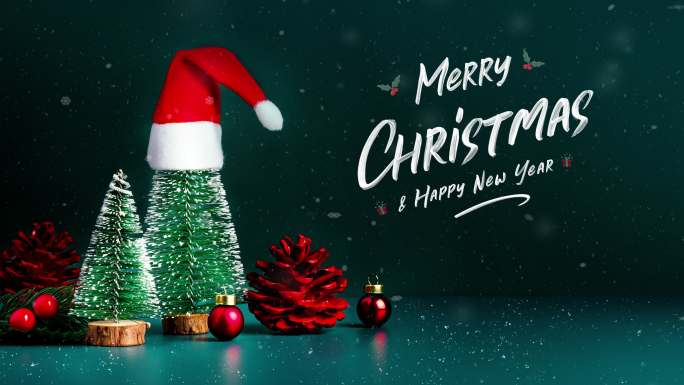 圣诞快乐，新年快乐，圣诞树和红色圣诞老人帽在深绿色背景下飘落。节日庆祝贺卡