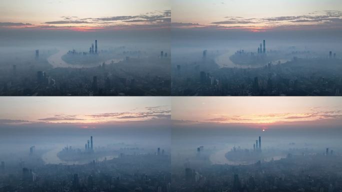 上海陆家嘴日出震撼平流雾超高空航拍