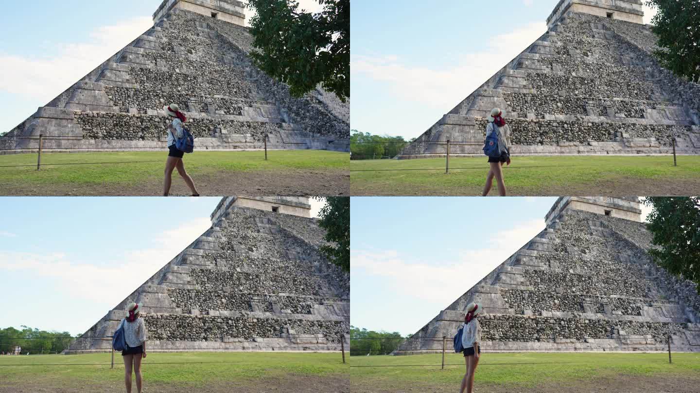 墨西哥奇琴伊察金字塔背景下的女人