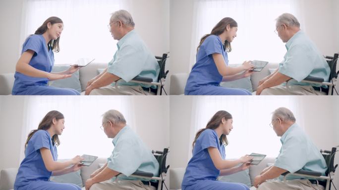 亚洲护士或医生在家中向老年妇女和老年男子解释治疗。