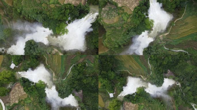 自然奇观震撼三潭水的山林瀑布俯视航拍