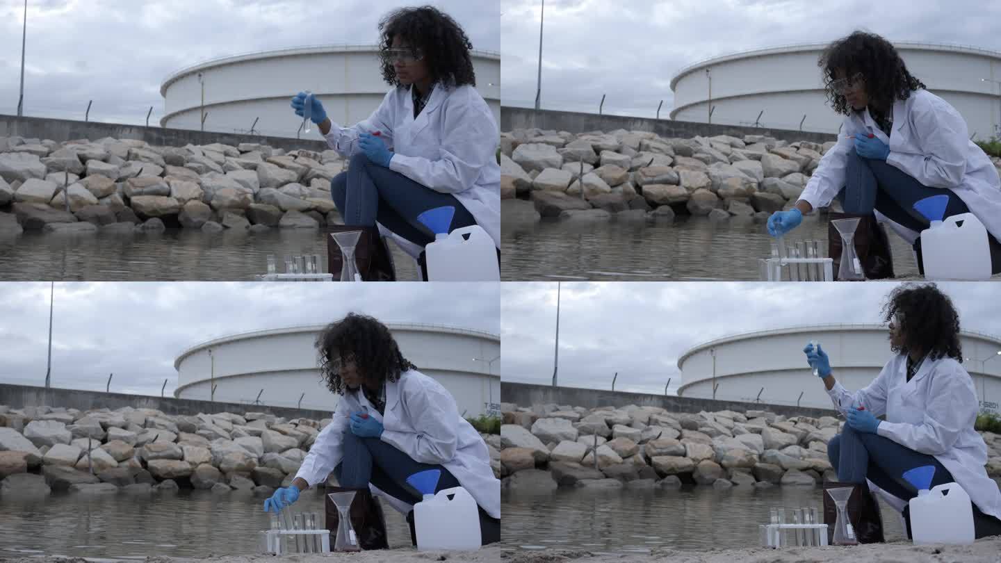 生态学家正在检查水的状况。