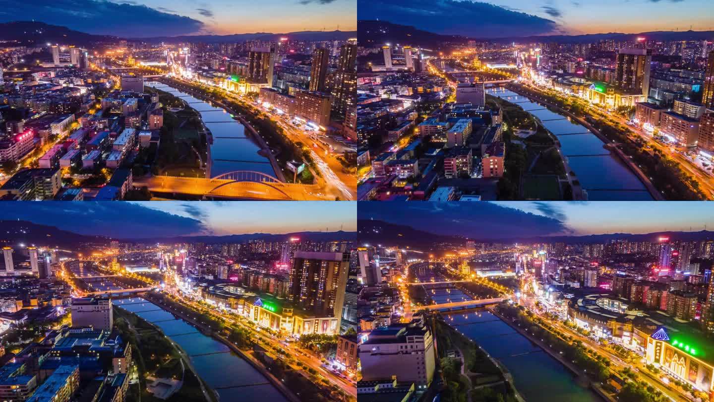 阳泉航拍市中心桃河桥滨河路夜景