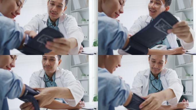 成年亚洲男性医生在健康诊所测量女性患者的高血压和低血压的特写镜头。