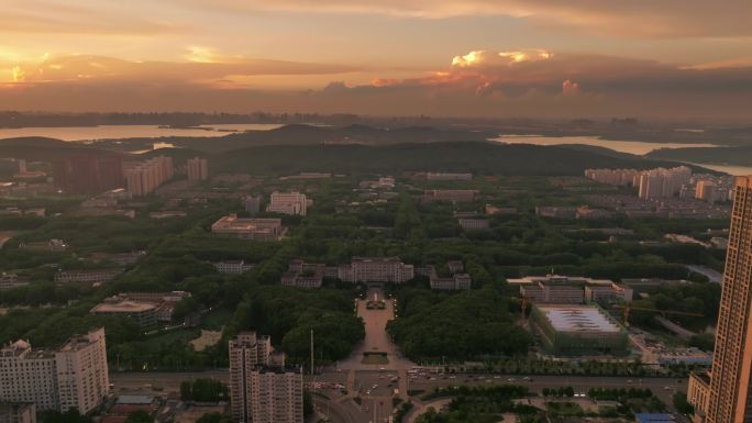 武汉华中科技大学校园全景绝美晚霞航拍