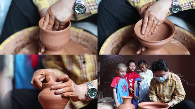 孩子学习陶艺制作拉坯