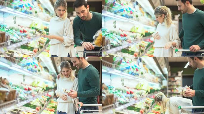 一对年轻夫妇在超市买食物。