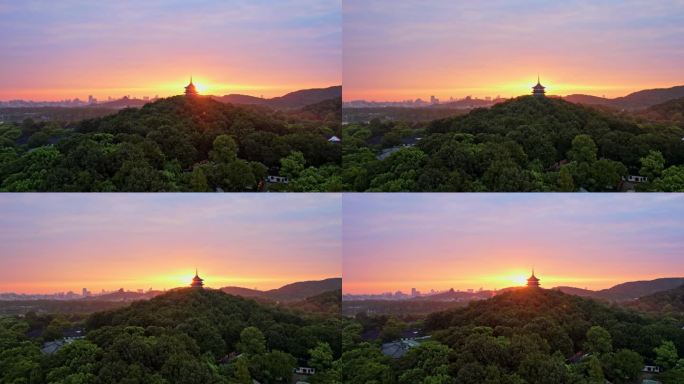 电影感航拍杭州雷峰塔日出