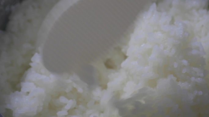 将煮熟的米饭与米勺混合。