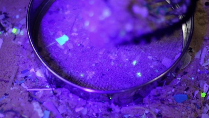 科学家过滤出在紫外线下发光的微塑料废物。
