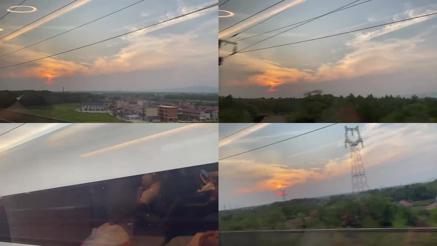 实拍动车火车高铁车窗旅途夕阳风景
