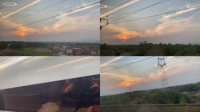 实拍动车火车高铁车窗旅途夕阳风景