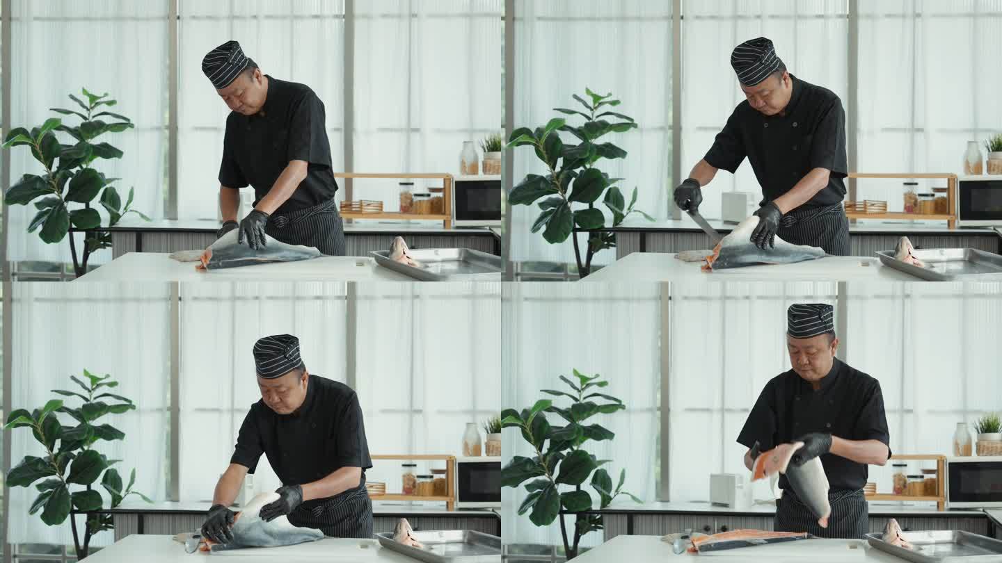 日本厨师肖像三文鱼刺身