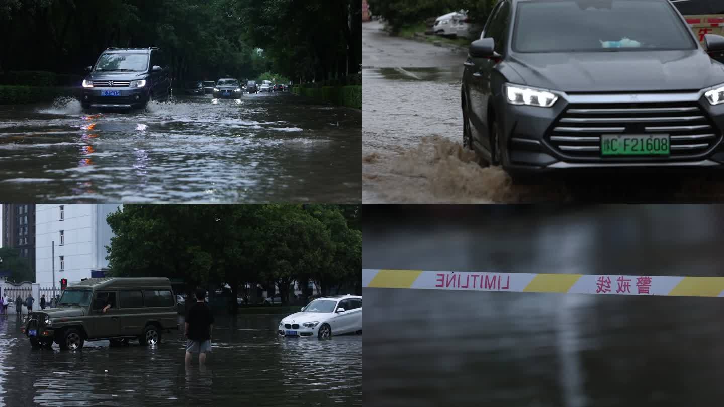 城市暴雨内涝雨后路面积水车辆升格拍摄