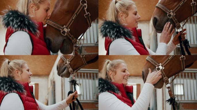 SLO-MO爱的女人在马厩里拥抱她的马