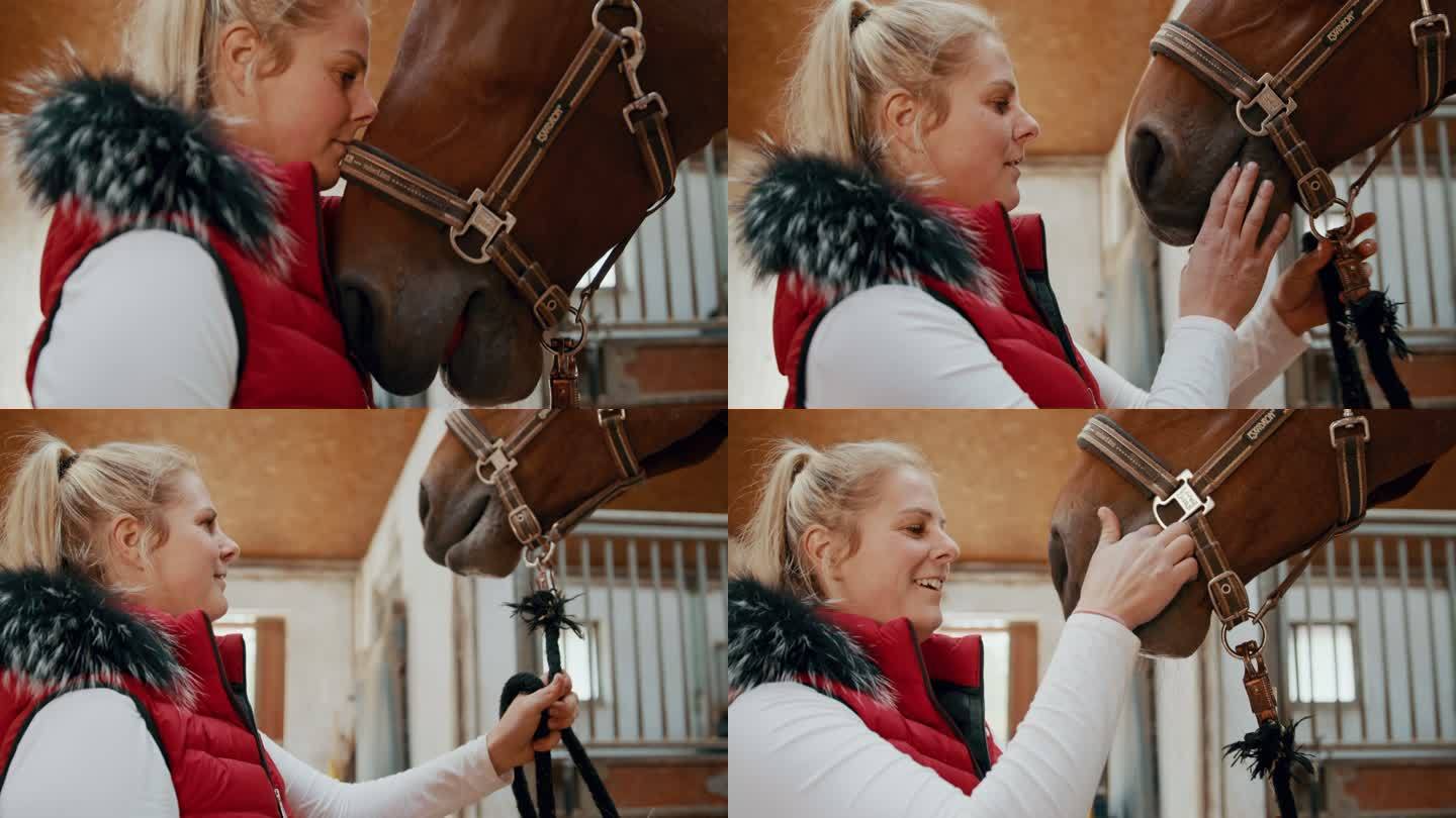 SLO-MO爱的女人在马厩里拥抱她的马