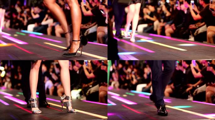 LED地板上的时装秀，有超级模特展示鞋和高跟鞋