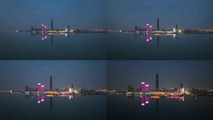 航拍吴江的太湖新城苏州湾夜景
