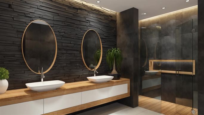 现代黑色简约浴室，黑色石板墙。现代水疗浴缸概念。