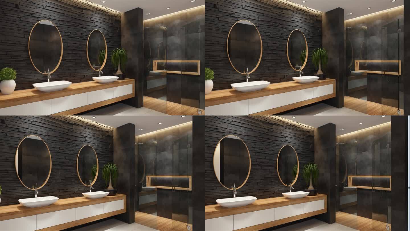 现代黑色简约浴室，黑色石板墙。现代水疗浴缸概念。