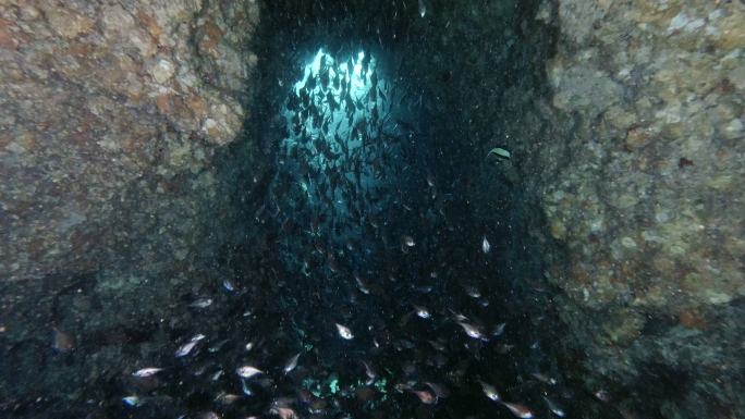 带水肺潜水穿过垂直的水下洞穴，烟囱，泰国