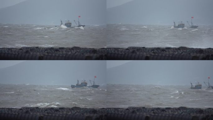 恶劣天气渔船在大风大浪的海上航行