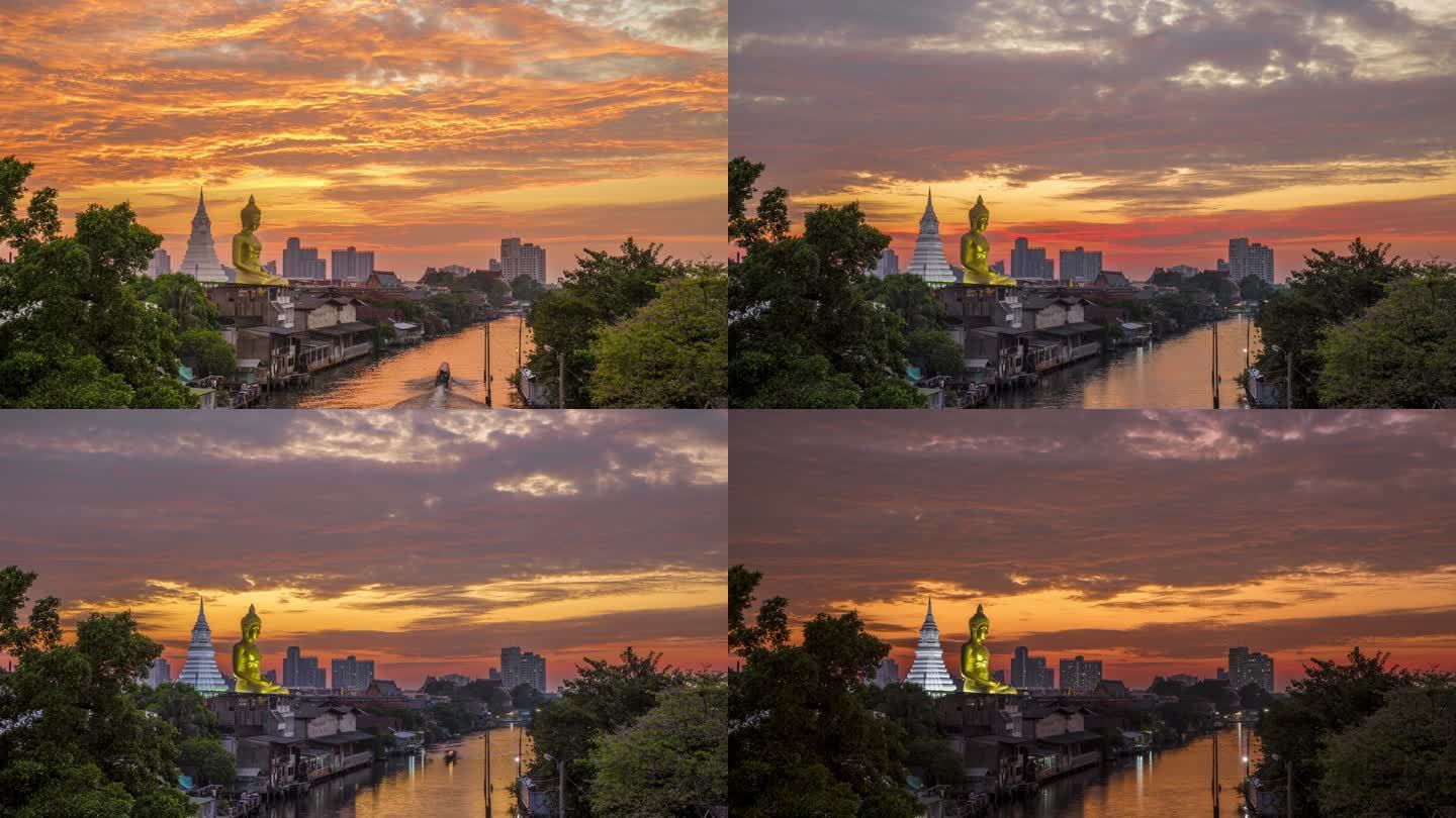 日落时，位于河边的Wat Pak Nam Phasi Charoen寺庙中的大佛雕像（Phra Bu
