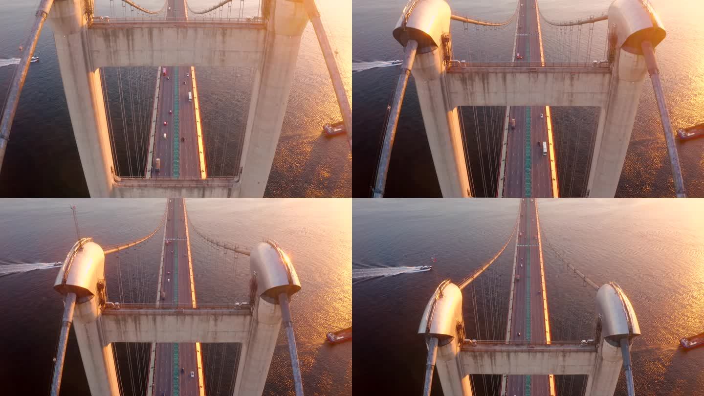 青马大桥鸟瞰图。香港公路采用悬挂式结构