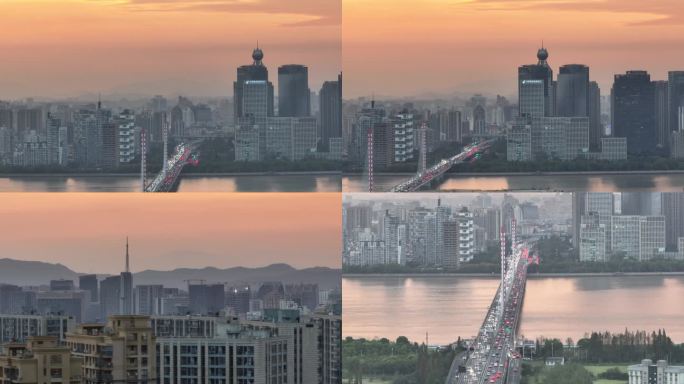 杭州钱塘江两岸长焦航拍城市建筑群