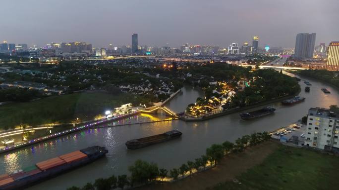 航拍京杭运河寒山寺夜景