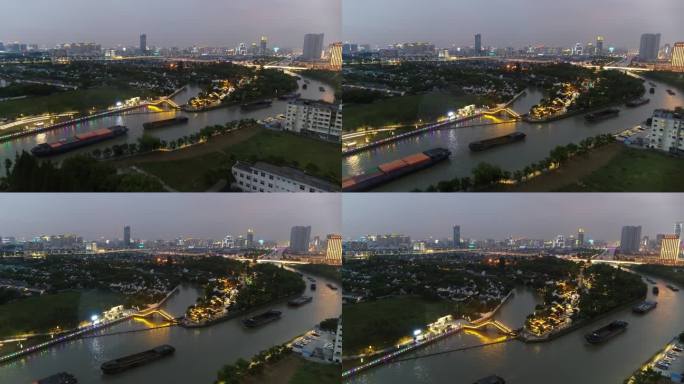 航拍京杭运河寒山寺夜景