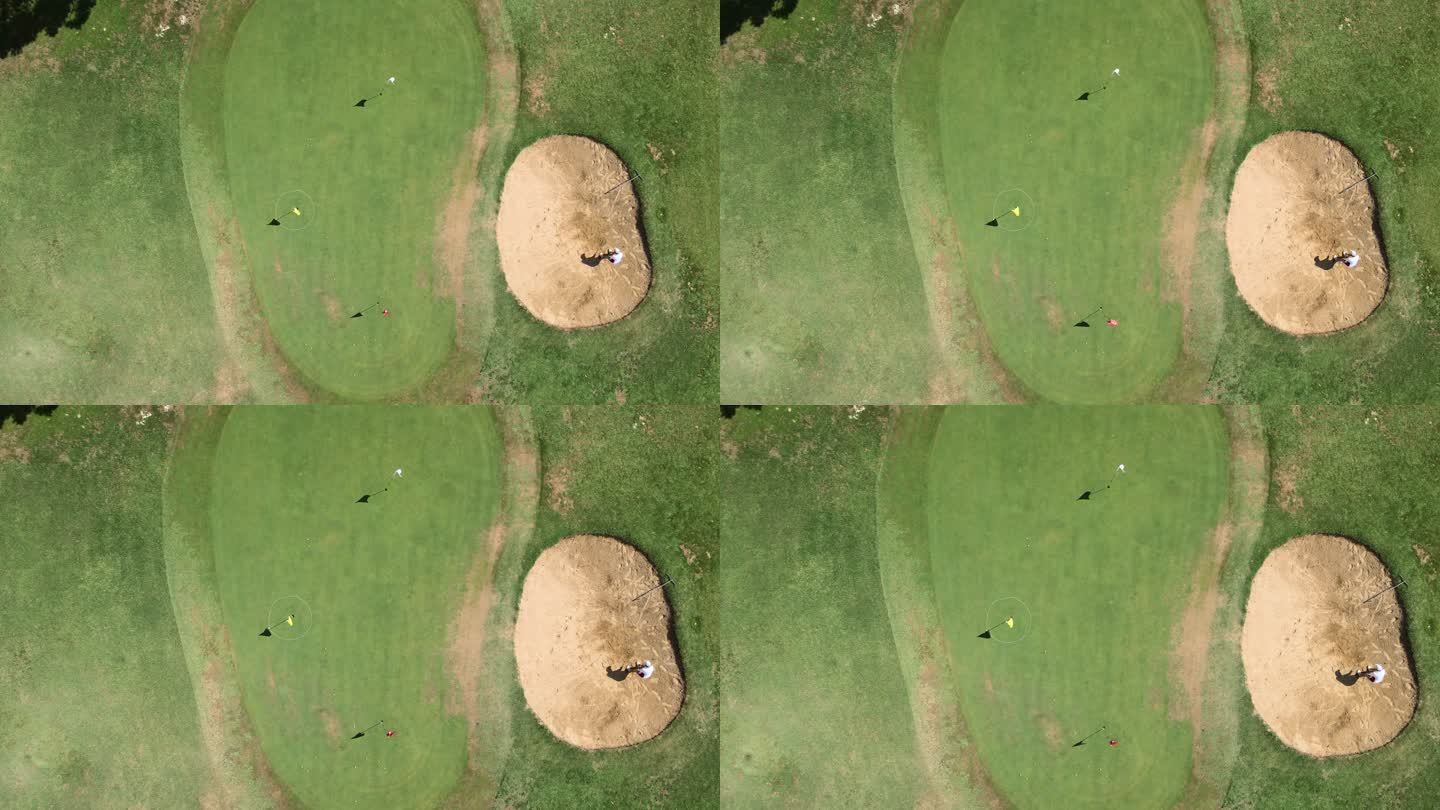 在高尔夫球场上打高尔夫球的人的鸟瞰图，打高尔夫的人休闲活动绿色高尔夫球场