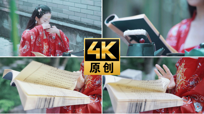 【4K】古风美女喝茶读书看书翻书