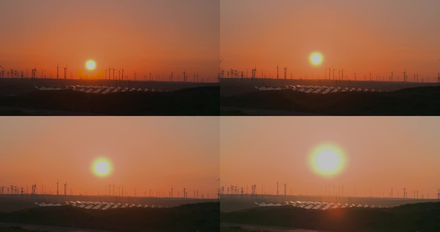 实拍日出4K风能 风车 太阳能