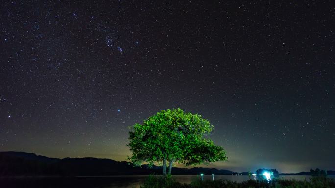 从黄昏到夜晚的延时视频，小岛上孤独的树，星空，星空和银河系，延时视频