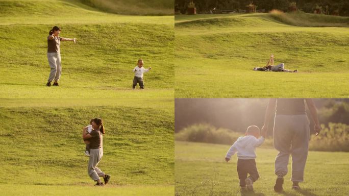 回忆母亲带孩子在金色的草坪上玩耍奔跑